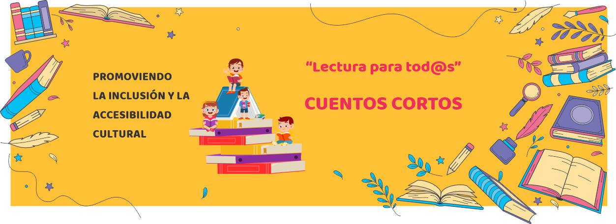 Banner Cuentos cortos, dibujo de libros en los bordes de la imagen.