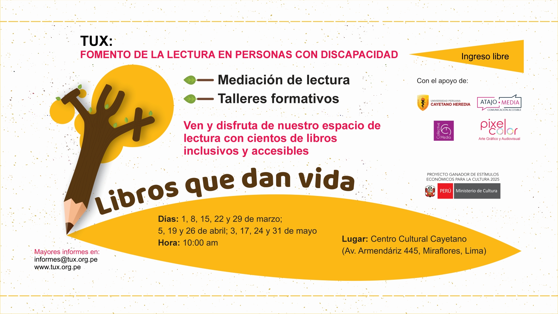 Dibujo de niños con discapacidad leyendo libros y diseño del afiche de Tux